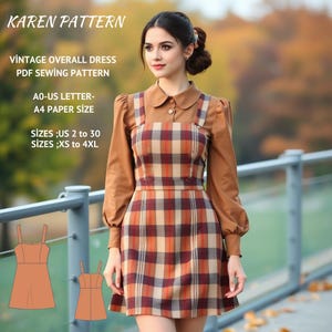 May include: A vintage overall dress sewing pattern in a plaid print with brown, orange, and white colours. The pattern is available in sizes US 2 to 30 and XS to 4XL. The pattern is printed on A4 paper and is available in AO-US letter size.