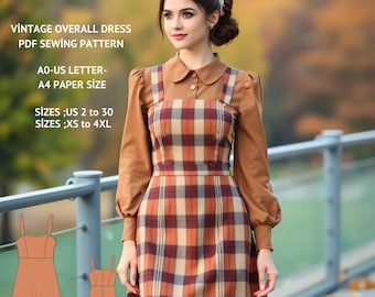 May include: A vintage overall dress sewing pattern in a plaid print with brown, orange, and white colors. The pattern is available in sizes US 2 to 30 and XS to 4XL. The pattern is printed on A4 paper and is available in AO-US letter size.