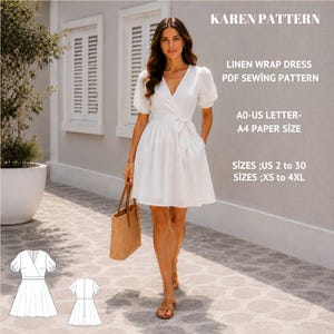 May include: A woman wearing a white linen wrap dress with short, puffed sleeves and a tie waist. The dress has pockets and is paired with sandals and a woven tote bag. The image includes the text "KAREN PATTERN" and details about the PDF sewing pattern.