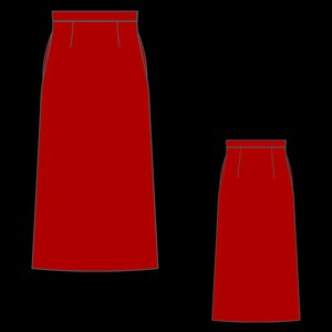 May include: Two red skirts, one longer than the other, with a simple design and a straight hemline.