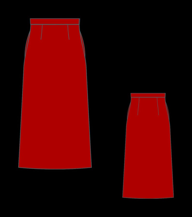 May include: Two red skirts, one longer than the other, with a simple design and a straight hemline.