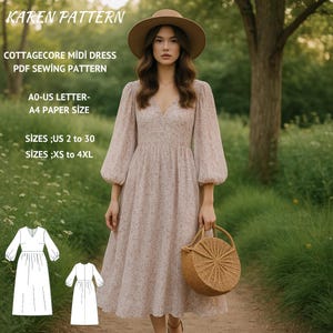 Cottagecore Midi Dress Sewing Pattern,Western Dress,Floral Bishop Sleeve Dress,Midi Dress,Gathered Dress,Boho Dress,XS/4XL