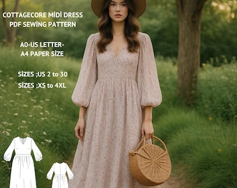 Mönster för Cottagecore midiklänning: Blommig biskopsärm (PDF-mönster, XS-4XL)