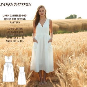 Linen Gathered Midi Dress Sewing Pattern,Sleeveless Dress,V-Neck Dress,Sundress Pattern, Milkmaid Dress,XS-4XL