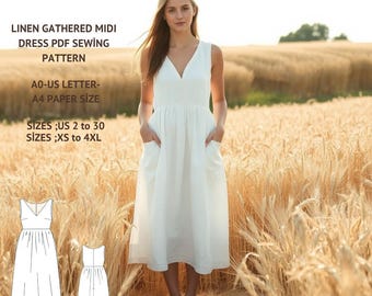 Puede incluir: Vestido midi de lino blanco con cuello en V y bolsillos. El patrón de costura PDF ofrece tallas de US 2 a 30 y XS a 4XL. El texto "KAREN PATTERN" está en la parte superior.