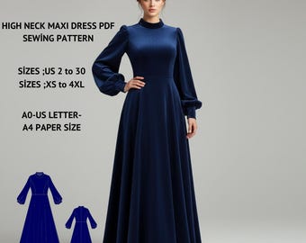 Modest Maxi Dress Sewing Pattern:Evening Gown (US 2-30, XS-4XL) (PDF Pattern)