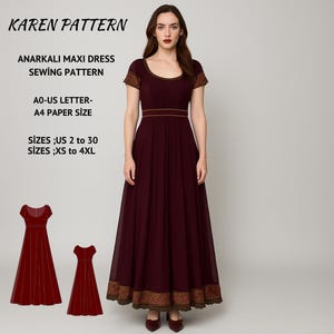 Puede incluir: Un patrón de costura de vestido largo Anarkali burdeos. El vestido presenta un escote redondo, mangas cortas y una falda fluida. El patrón incluye tallas US 2 a 30 y XS a 4XL. El texto "KAREN PATTERN" está en la parte superior.