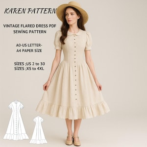 Vintage Flared Midi Dress Sewing Pattern: Cottagecore Linen (XS-4XL) (PDF Pattern
