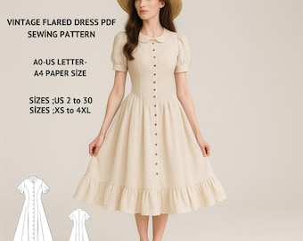Vintage Flared Midi Dress Sewing Pattern: Cottagecore Linen (XS-4XL) (PDF Pattern