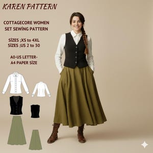May include: A woman in a white shirt, black waistcoat, and olive green skirt. The image shows sewing pattern illustrations and text: "KAREN PATTERN" and "COTTAGECORE WOMEN SET SEWING PATTERN". Sizes XS to 4XL and US 2 to 30 are listed.