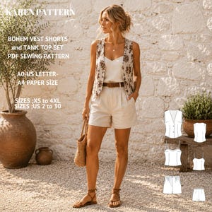 May include: A PDF sewing pattern for a vest, shorts, and tank top set titled KAREN PATTERN. The set includes a floral print vest, a solid light-coloured tank top, and matching shorts. Text indicates A0, US Letter, and A4 paper sizes, with sizes XS to 4XL or US 2 to 30.