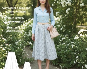 Cottagecore Midi Skirt Sewing Pattern:Half Circle Design (US 2-30) (PDF)