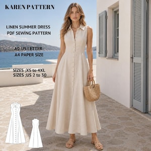 Könnte beinhalten: Ein ärmelloses Leinenkleid in Beige mit Kragen und durchgehender Knopfleiste vorne. Das Bild enthält den Text: KAREN PATTERN, LINEN SUMMER DRESS PDF SEWING PATTERN, A0-US LETTER-A4 PAPER SIZE, SIZES XS to 4XL, SIZES US 2 to 30.