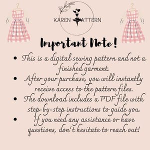 May include: A digital sewing pattern advertisement with the text "Important Note!" and bullet points explaining the pattern's digital nature. The image includes illustrations of dresses and the brand name "KAREN PATTERN".