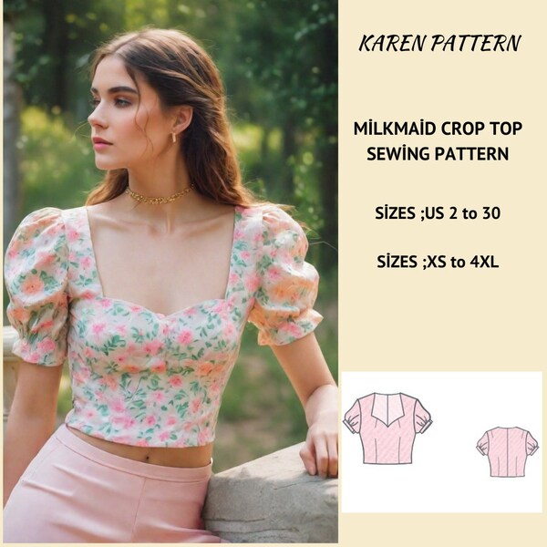 Milkmaid Crop Top Sewing Pattern, Short Sleeve Cottagecore Crop Top, Puff Sleeve Top, Fitted Crop Top Pattern, Crop Blouse Top, XS-4XL