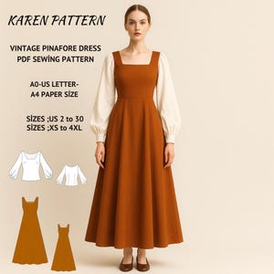 Puede incluir: Una mujer modela un vestido vintage de peto. El vestido es de color marrón cálido con un escote cuadrado y una falda amplia. Las mangas son largas y blancas. La imagen incluye el texto "KAREN PATTERN" y "VINTAGE PINAFORE DRESS PDF SEWING PATTERN".