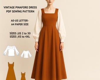 Vintage Pinafore Dress and Puff Sleeve Blouse Sewing Pattern (PDF Pattern)