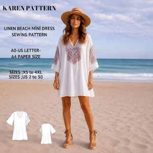 Può includere: Modello di cucito per mini abito da spiaggia in lino bianco con ricami colorati sullo scollo e sulle maniche. Il modello include taglie XS a 4XL e taglie US 2 a 30. L'immagine mostra anche una donna che indossa l'abito sulla spiaggia.