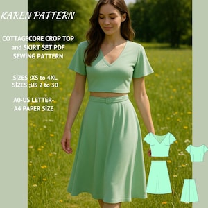 Patrón de costura para conjunto de top corto y falda estilo cottagecore, blusa con cuello en V, falda hasta la rodilla, tallas A0-A4-Carta (EE. UU. 2 a 30)