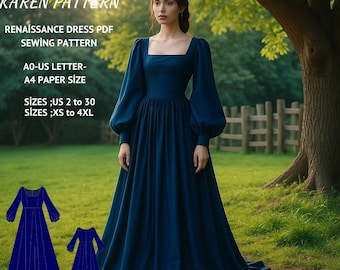 Renaissance Dress Sewing Pattern:Medieval, Steampunk, & Victorian Gown (A0 A4 US Letter) (PDF Pattern)