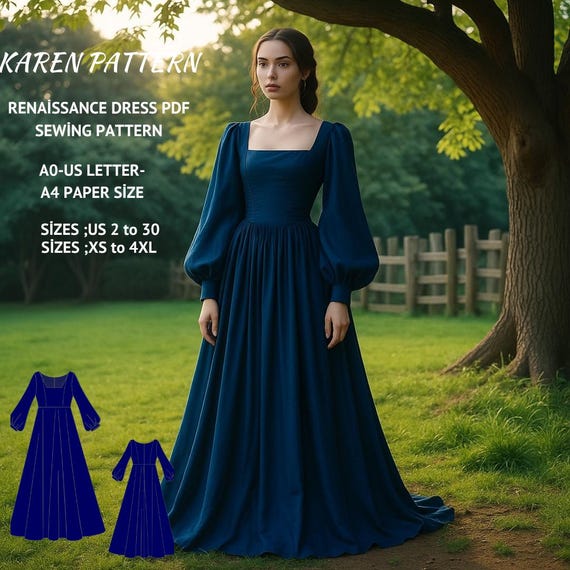 Renaissance Dress Sewing Pattern:Medieval, Steampunk, & Victorian Gown (A0 A4 US Letter) (PDF Pattern)