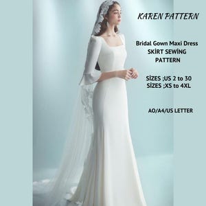 ブライダルガウンマキシドレスの縫製パターン、サイズオプションの範囲はUS 2から30、XSから4XL、適切なA0- A4-USレター用紙フォーマット