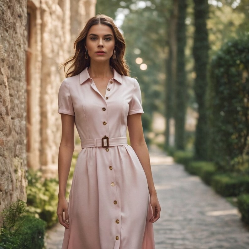 Puede incluir: Una mujer con un vestido rosa claro abotonado con un cintur&oacute;n marr&oacute;n. El vestido tiene mangas cortas y cuello. Est&aacute; de pie en un entorno de jard&iacute;n.