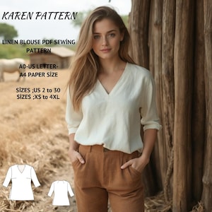 Leinen Bluse Schnittmuster,Vintage Bluse,Leinen Bluse mit V-Ausschnitt,Schnittmuster für Leinen Bluse,Schnittmuster für XS-4XL
