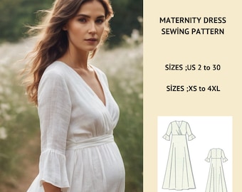 Maternity Gown Dress Sewing Pattern,Ladies Sizes ; US 2 to 30-Xs to4 XL ,Formatted A0, A4 ,US Letter Paper.