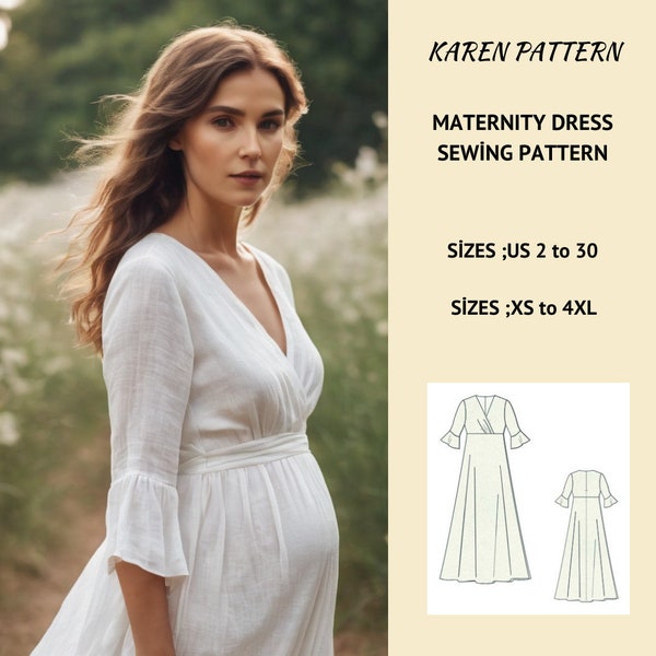 Maternity Gown Dress Sewing Pattern,Ladies Sizes ; US 2 to 30-Xs to4 XL ,Formatted A0, A4 ,US Letter Paper.