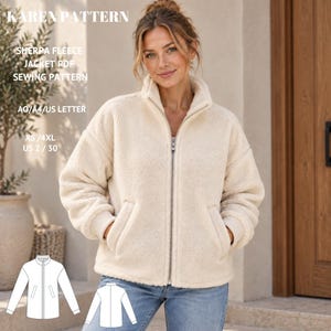 May include: A cream-colored sherpa fleece jacket with a high collar, a full-length front zipper, and two side pockets. The text reads KAREN PATTERN, SHERPA FLEECE JACKET PDF SEWING PATTERN, A0/A4/US LETTER, XS/4XL, US 2/30, with two line art diagrams.