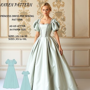Patrón de costura para vestido de princesa renacentista, hada, regencia, vestido de elfo, vestido elegante, tamaño A0, A4, carta de EE. UU., talla 2 a 30 de EE. UU.