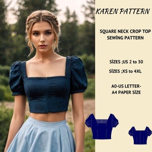 May include: A sewing pattern for a square neck crop top. The pattern includes sizes US 2 to 30 and XS to 4XL. The pattern is printed on A0-US letter-sized paper.