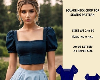 Square Neck Crop Top Sewing Pattern:Cottagecore Blouse (XS-4XL) (PDF Pattern)