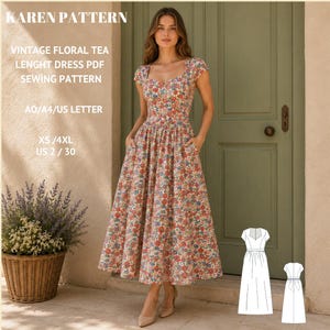 Pode incluir: Um vestido de comprimento midi com decote em coração e mangas curtas, apresentando uma estampa floral multicolorida em fundo claro. O texto diz: KAREN PATTERN, VINTAGE FLORAL TEA LENGHT DRESS PDF SEWING PATTERN, A0/A4/US LETTER, XS/4XL, US 2/30.