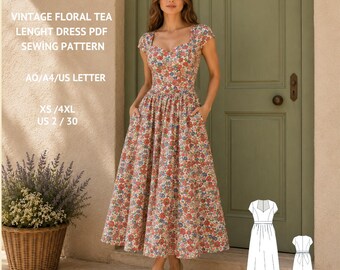 Vintage Floral Tea Dress Sewing Pattern, 1950s Inspired Midi with Pockets (PDF)