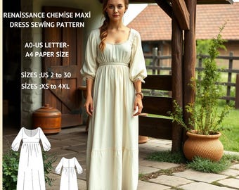 Patrón de costura para vestido camisero largo renacentista (tamaño A0, A4, carta estadounidense)