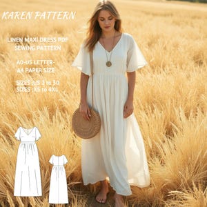 Linen Gathered Maxi Dress Sewing Pattern,Flared Sleeves Dress,Empire Waist,Sundress Pattern, Milkmaid Dress,XS-4XL