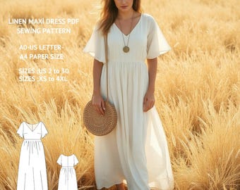 Linen Maxi Dress Sewing Pattern: Flared Sleeves, Empire Waist (XS-4XL) (PDF Pattern)