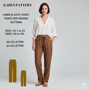 Op de afbeelding: Een vrouw draagt een bruine linnen broek met elastische tailleband en een witte blouse. De afbeelding bevat de tekst "KAREN PATTERN" en "LINEN ELASTIC WAIST PANTS PDF SEWING PATTERN". Maten van US 2 tot 30 en XS tot 4XL.