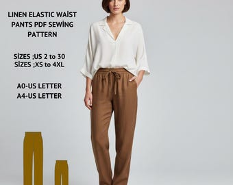 Patrón de costura para pantalones de lino con pinzas y cintura elástica (descarga digital en PDF)