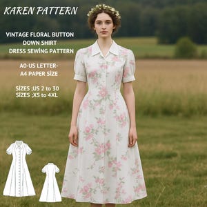 Vintage Button Down Midi Dress Sewing Pattern,Cottagecore Dress,Floral Dress,Button Front Dress,Million Button Dress, XS-4XL