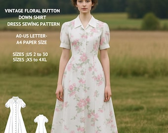 Cottagecore Midi Dress Sewing Pattern:Floral Button Front (XS-4XL) (Digital Download)