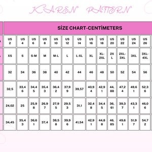 May include: Size chart in centimetres for women's clothing sizes. The chart shows US sizes 2-30, international sizes XS-4XL+, and European sizes 32-60. Measurements are provided for bust/chest circumference, waist circumference, and hips circumference.