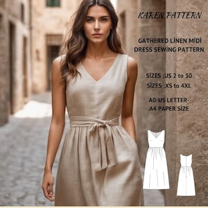 V-Neck Gathered Linen Dress,PDF Sewing Pattern,Gathered Skirt,Dress with Pockets,Sleeveless Dress,Midi Dress,XS-4XL,Sewing Dress,XS-4XL