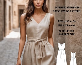 V-Neck Gathered Linen Midi Dress Sewing Pattern (XS-4XL)(PDF Pattern)