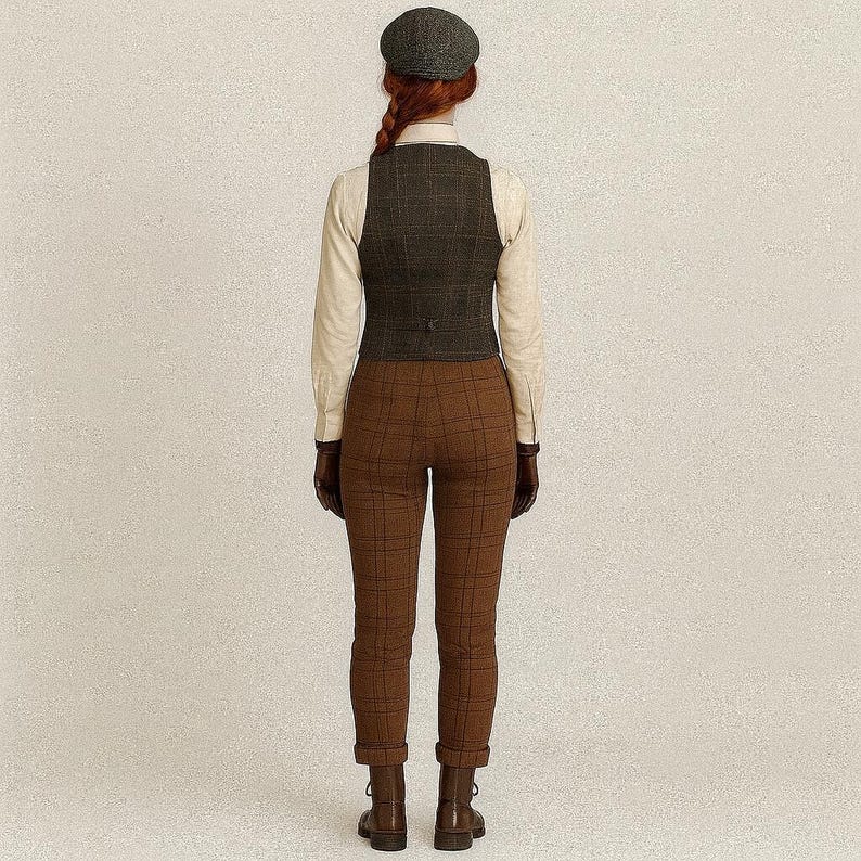 May include: A woman's outfit featuring a tweed newsboy cap, a plaid vest, a button-down shirt, brown plaid pants, and boots. The outfit is in shades of brown, tan, and gray, creating a classic, vintage aesthetic.