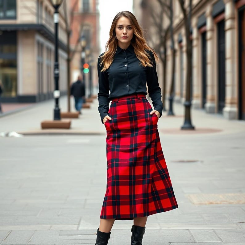 May include: A woman wearing a black button-down shirt and a red and black plaid skirt. She is standing on a city street.