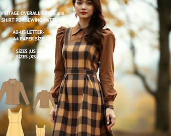 May include: A sewing pattern for a vintage overall dress and shirt. The pattern is available in sizes US 20 and XS to XL. The pattern is printed on A4 paper and is available in US Letter size.