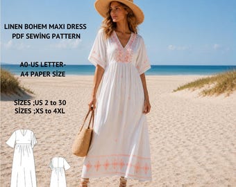 Bohemian Linen Maxi Dress PDF Sewing Pattern, V-Neck Summer Sundress (Instant Download)